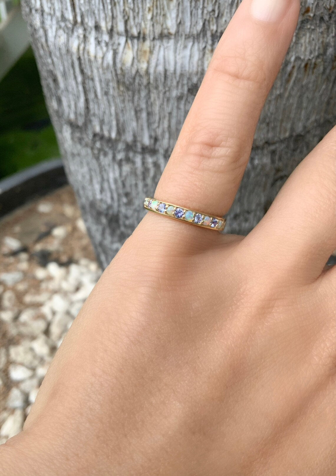 Tanzanite Opal Band/ 3mm Half Eternity Alternating Opal Tanzanite Wedding Anniversary Ring/ December October Birthstones/ 14K, 18K, Platinum