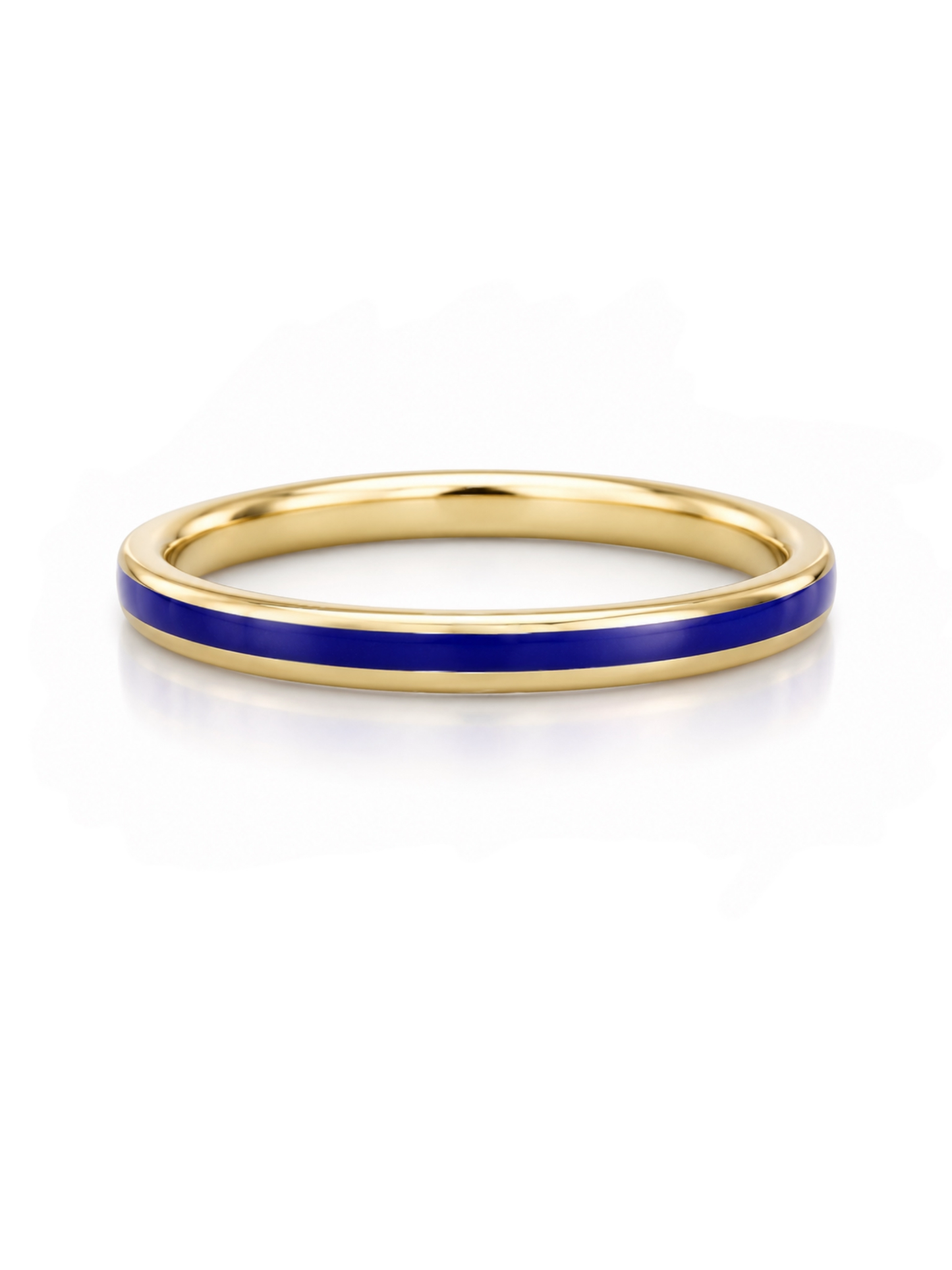 A thin gold band ring with a vibrant blue enamel inlay, shown on a clean white background with a soft reflection.