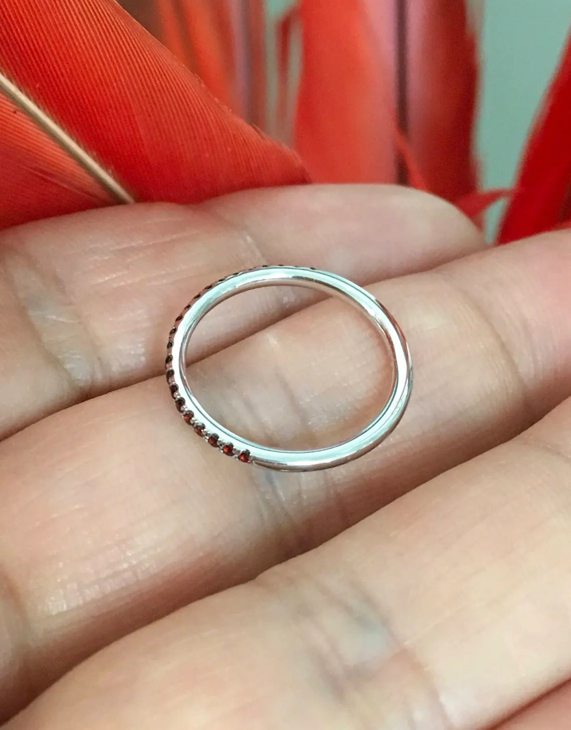 Garnet Half Eternity Band 1.5mm Garnet Pave Eternity Ring 2nd and 6th Wedding Anniversary Gift Garnet Ring Gemstone Eternity Band Stacking