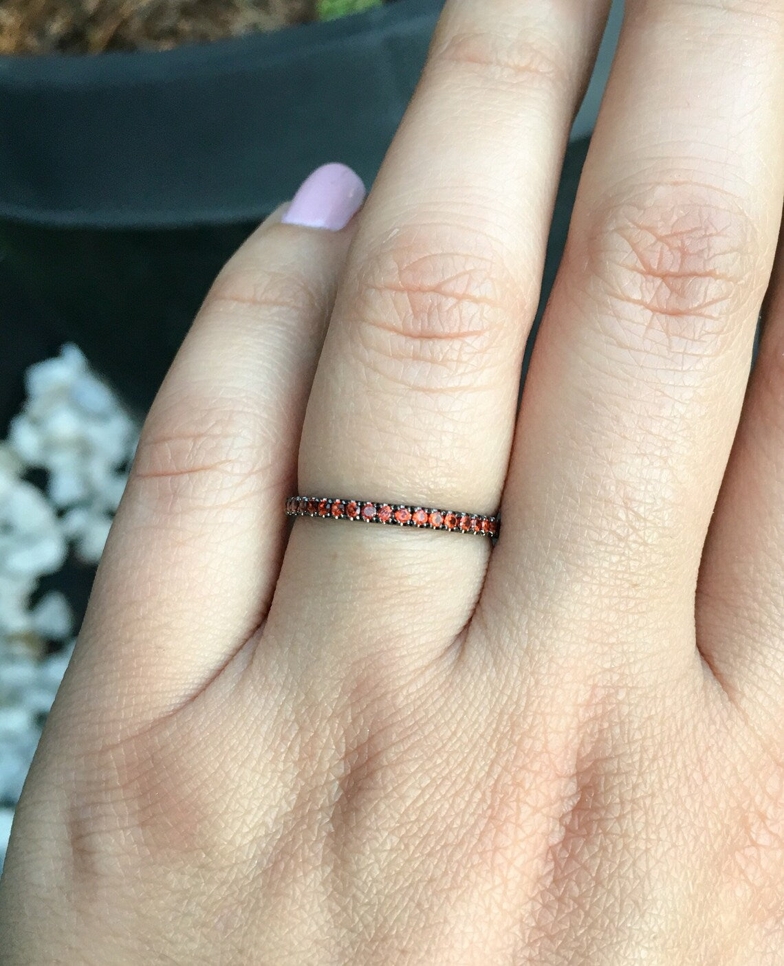 Orange Garnet Eternity Stacking Ring: 1.5mm Pave Wedding Anniversary Band, January Birthstone Infinity Ring