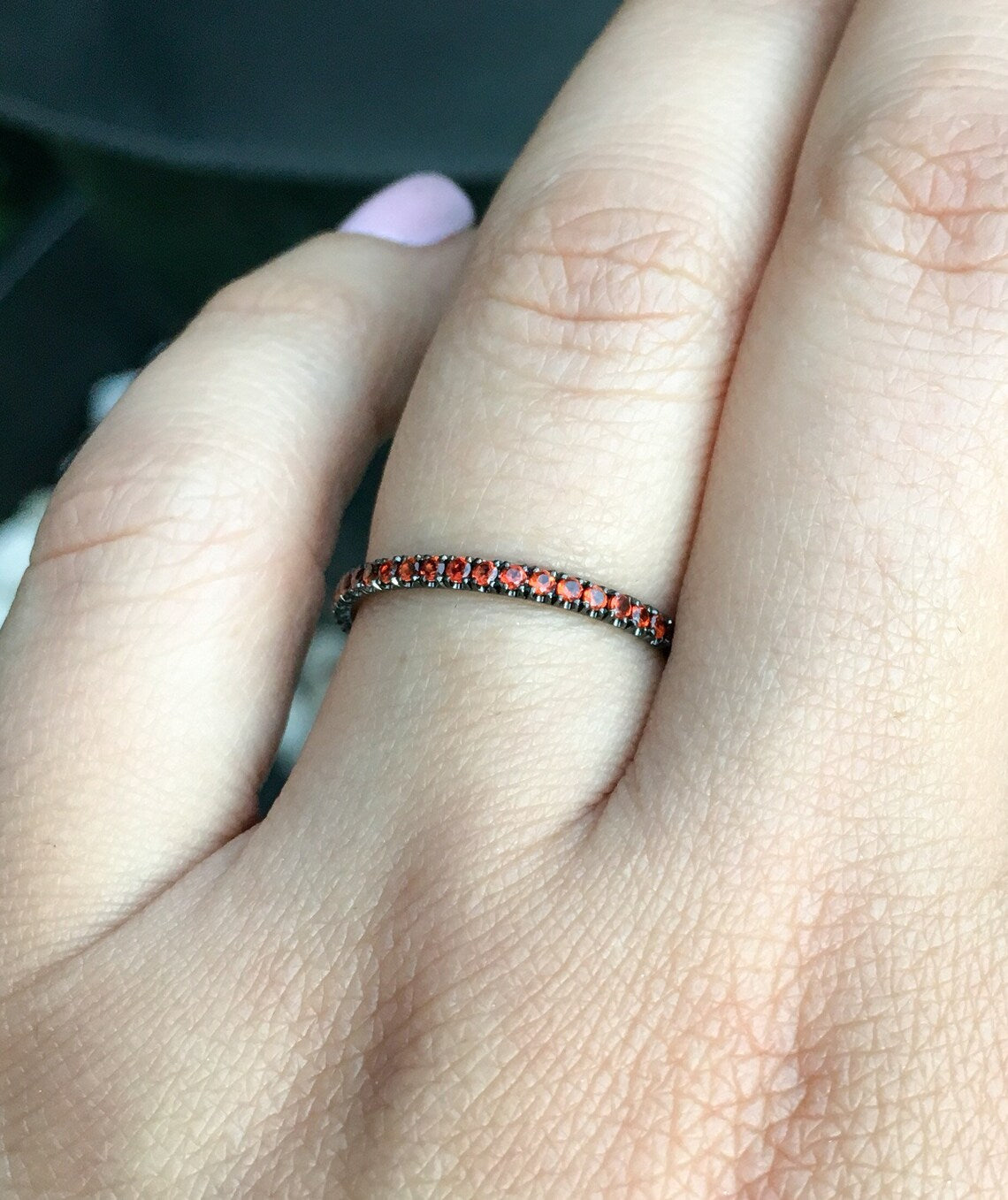 Orange Garnet Eternity Stacking Ring: 1.5mm Pave Wedding Anniversary Band, January Birthstone Infinity Ring