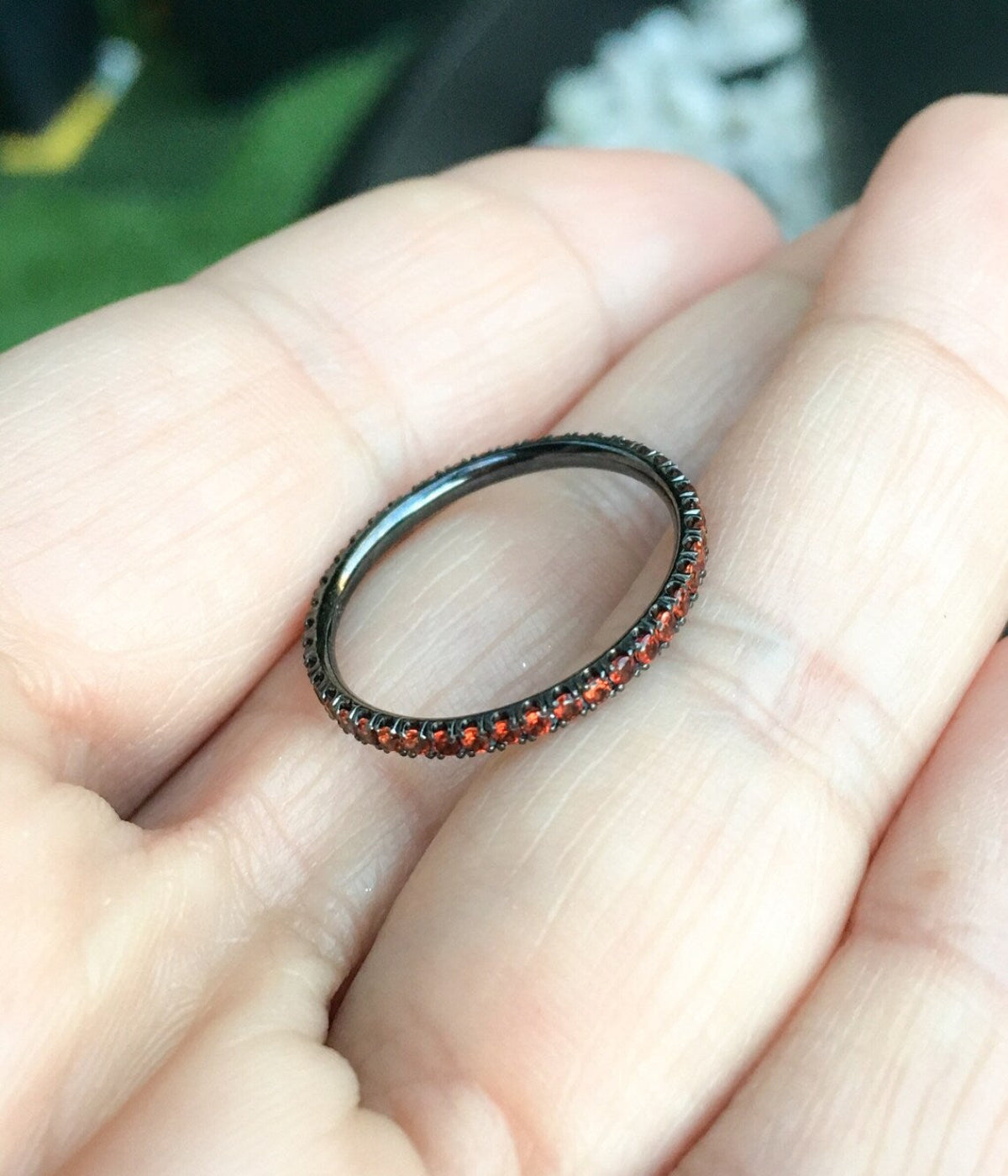 Orange Garnet Eternity Stacking Ring: 1.5mm Pave Wedding Anniversary Band, January Birthstone Infinity Ring