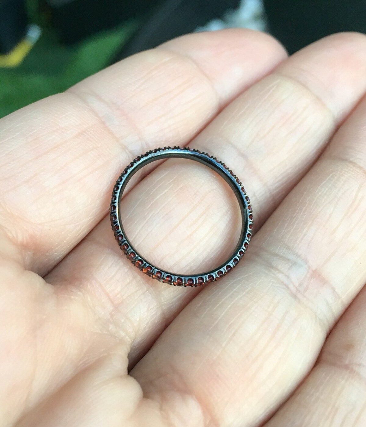 Orange Garnet Eternity Stacking Ring: 1.5mm Pave Wedding Anniversary Band, January Birthstone Infinity Ring
