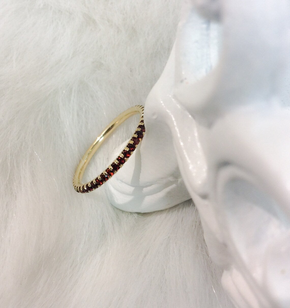 Garnet Eternity Stacking Ring: 1.5mm Pave Wedding Anniversary Band, January Birthstone Ring