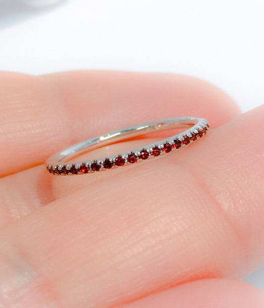 Garnet Eternity Stacking Ring: 1.5mm Pave Wedding Anniversary Band, January Birthstone Ring