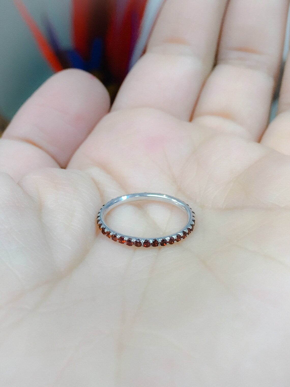 Garnet Eternity Stacking Ring: 1.5mm Pave Wedding Anniversary Band, January Birthstone Ring