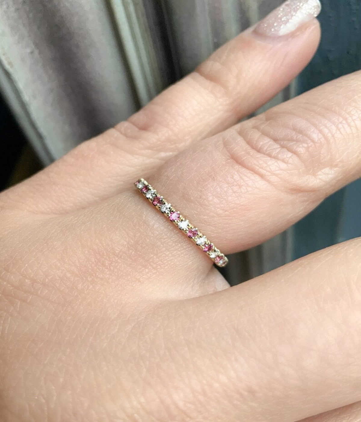 Rhodolite Garnet Diamond Alternating Band/ 2mm 3/4 Eternity Pave Stacking/ Pink Garnet Diamond 2 Birthstone Wedding Band/ January April Ring
