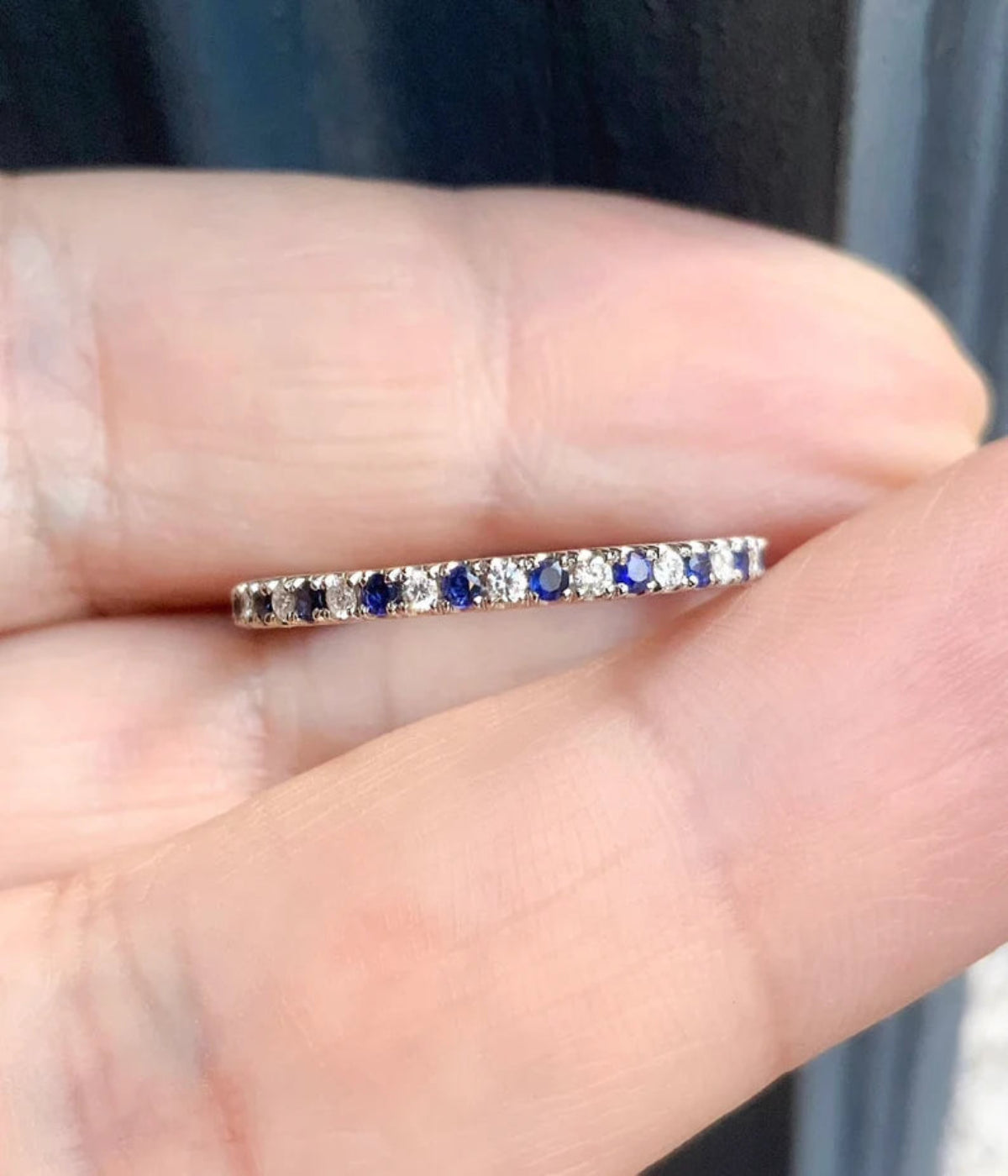 Diamond Blue Sapphire Pave Band/ 1.5mm Half Eternity Alternating Sapphire Diamond Stack Ring/ 2 Birthstone Anniversary Ring/ Mother Day Gift