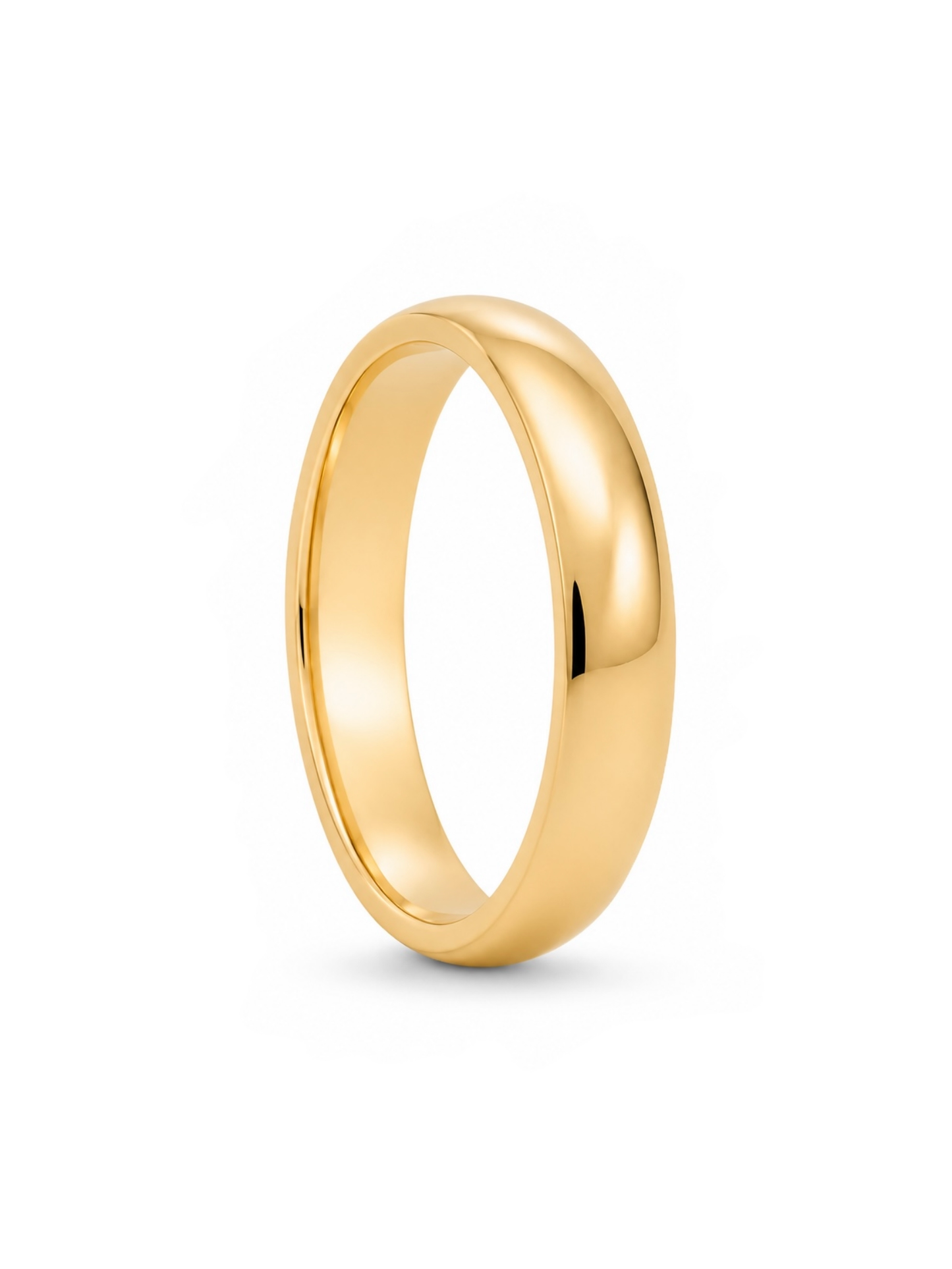 A classic yellow gold band ring with a smooth, polished finish, shown standing upright on a clean white background.