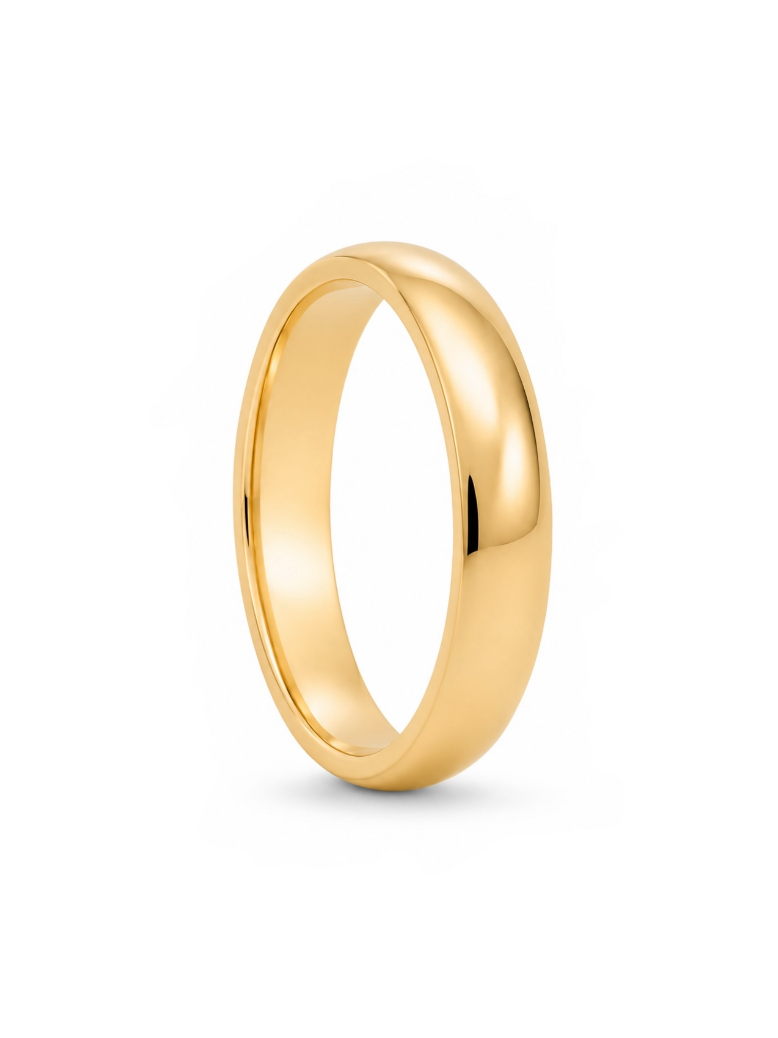 A classic yellow gold band ring with a smooth, polished finish, shown standing upright on a clean white background.