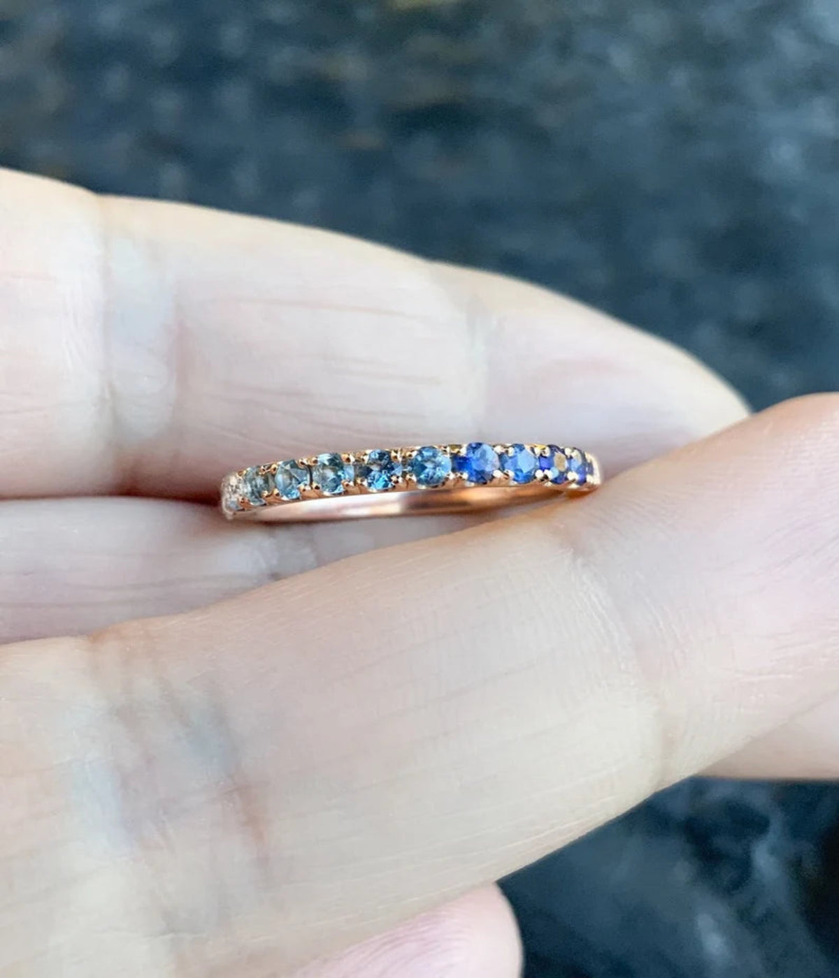 Gradient Blue Pave Ring/ White Blue Ombre Stack Ring/ 2.3mm Half Eternity Unique Wedding Band/ Diamond Aquamarine, Blue Topaz, Blue Sapphire