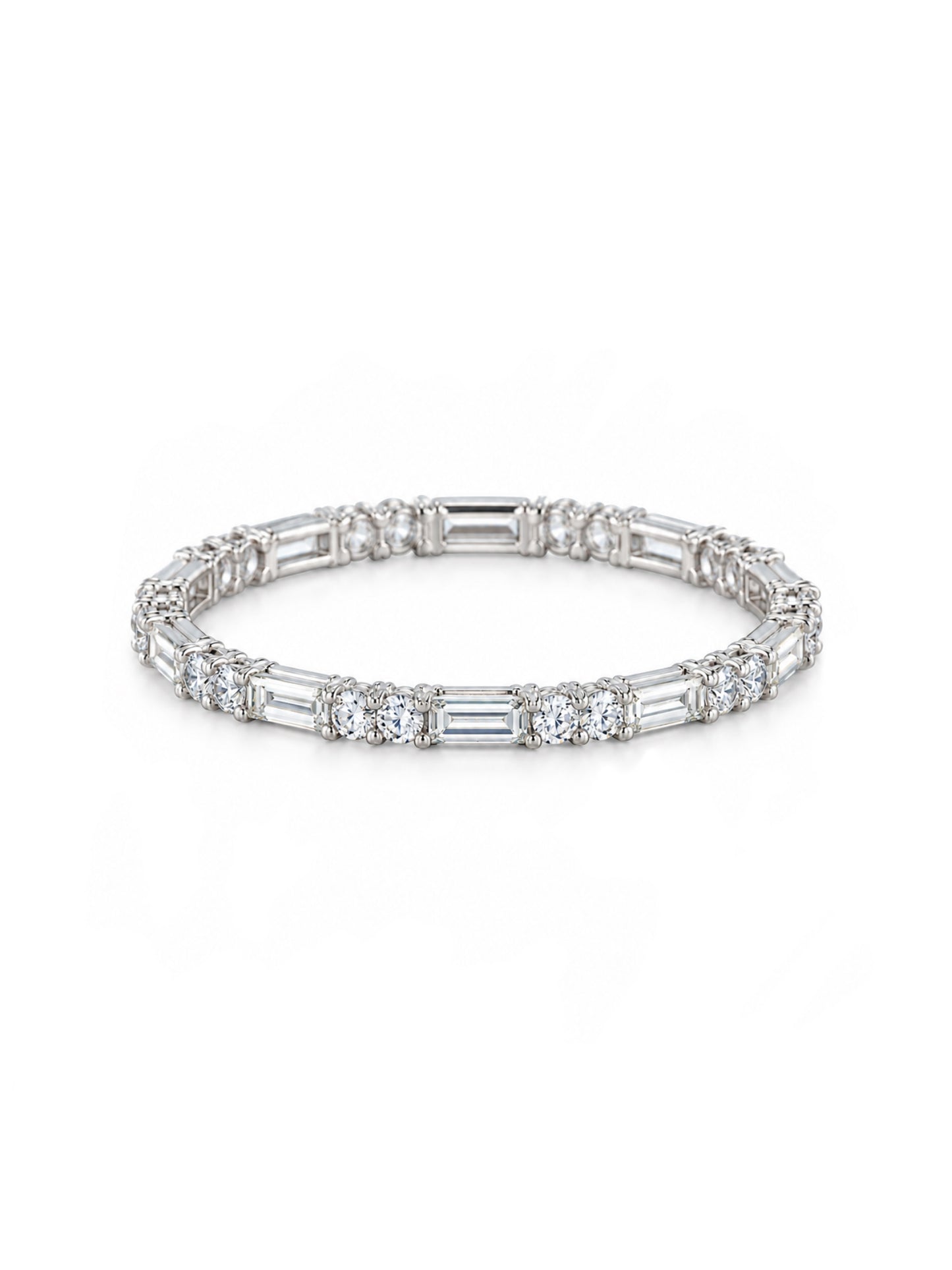 white stacking ring featuring 1 baguette and 2 round-cut clear stones, displayed on a clean white background