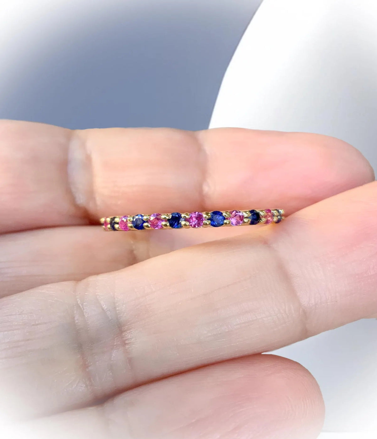 Pink Blue Sapphire Stacking Ring/ Shared Prong Sapphire 2mm Half Eternity Band/ Boy Girl Twin Ring Push Present/ 2 Birthstone Mother's Ring