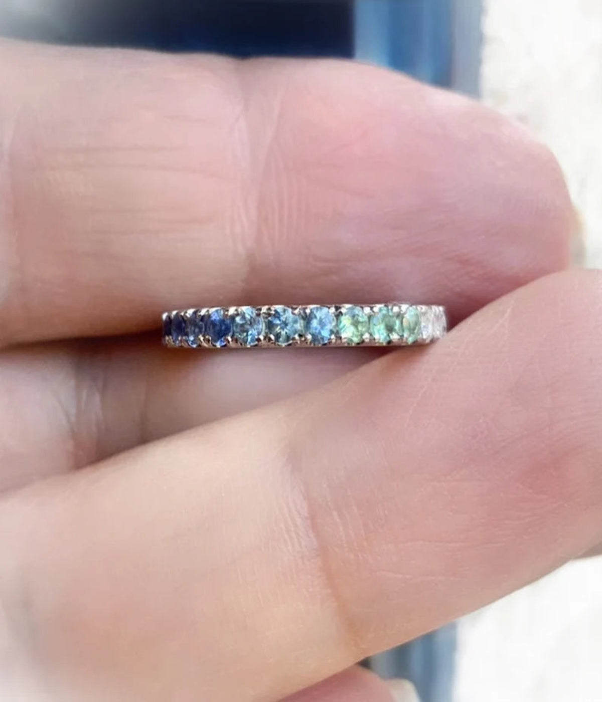 Gradient Blue Green Pave Ring/ Coastal Ombre Beach Wedding Band/ 2.3mm Half Eternity/ Mermaid Colors Diamond Alexandrit Aquamarine Sapphire