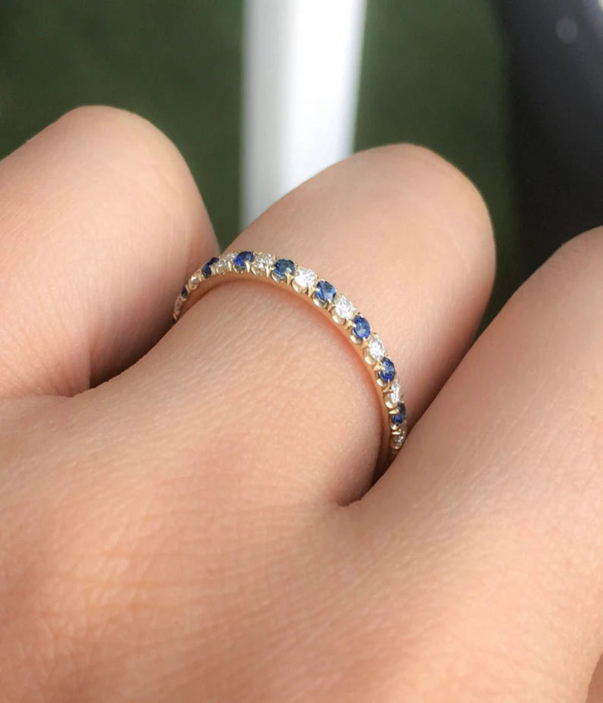 Diamond Blue Sapphire Eternity Ring/ 2mm Pave Alternating Infinity Ring/ Wedding Anniversary Band/ September April Birthstone Stacking Ring