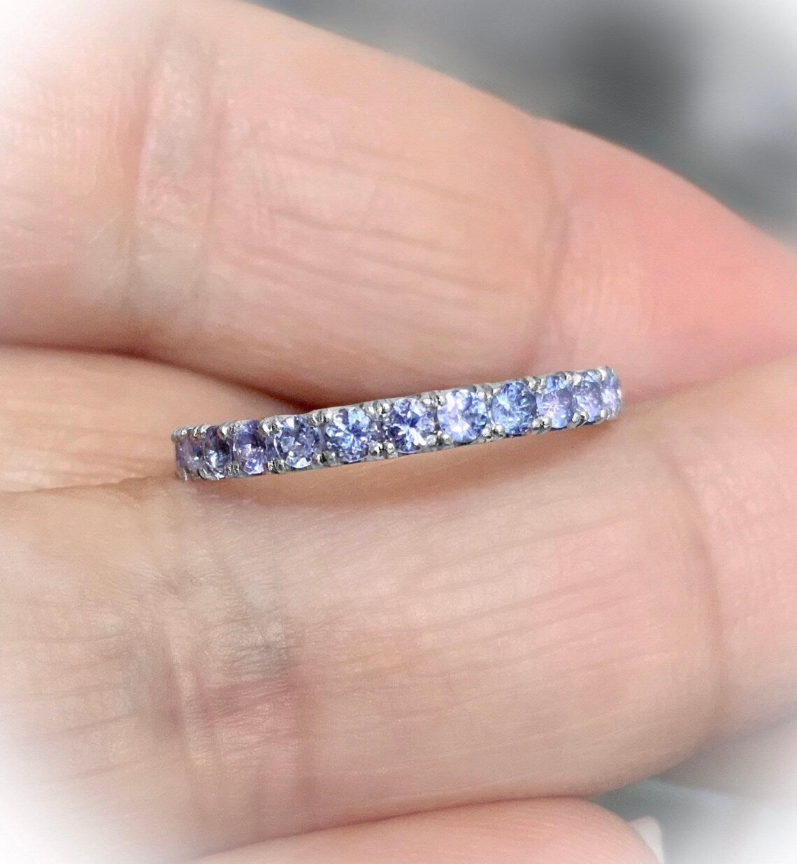 Tanzanite Eternity Stacking Ring: 2.3mm Pave Wedding Anniversary Band, December Birthstone Ring