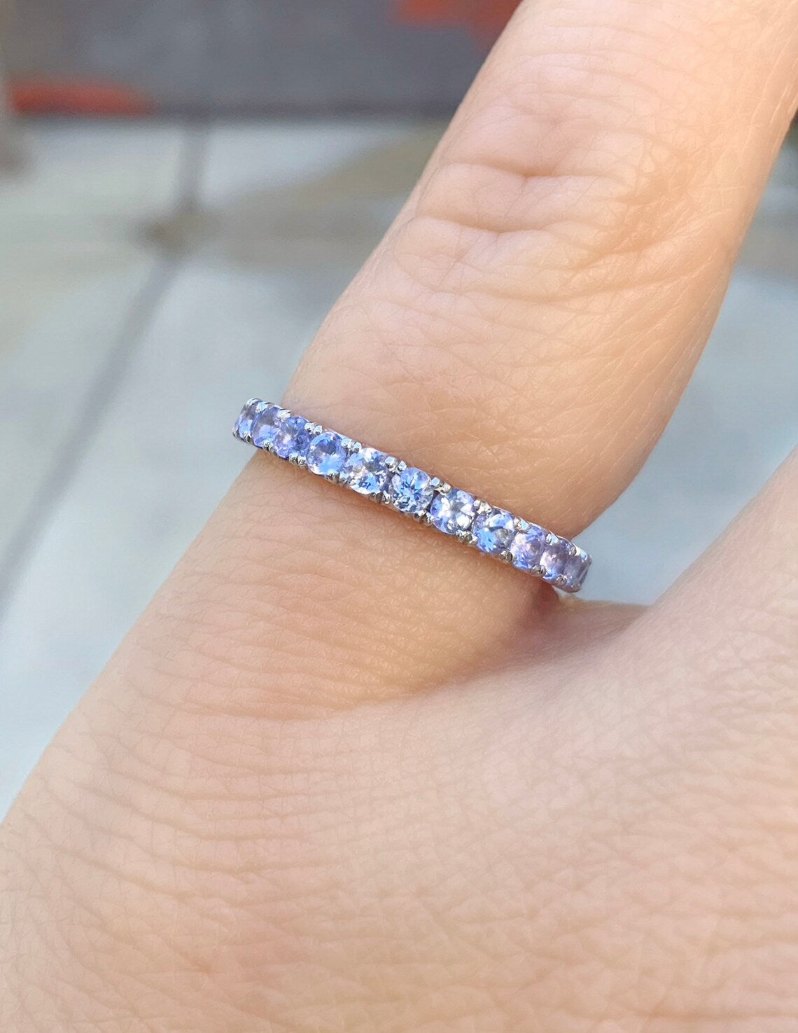Tanzanite Eternity Stacking Ring: 2.3mm Pave Wedding Anniversary Band, December Birthstone Ring