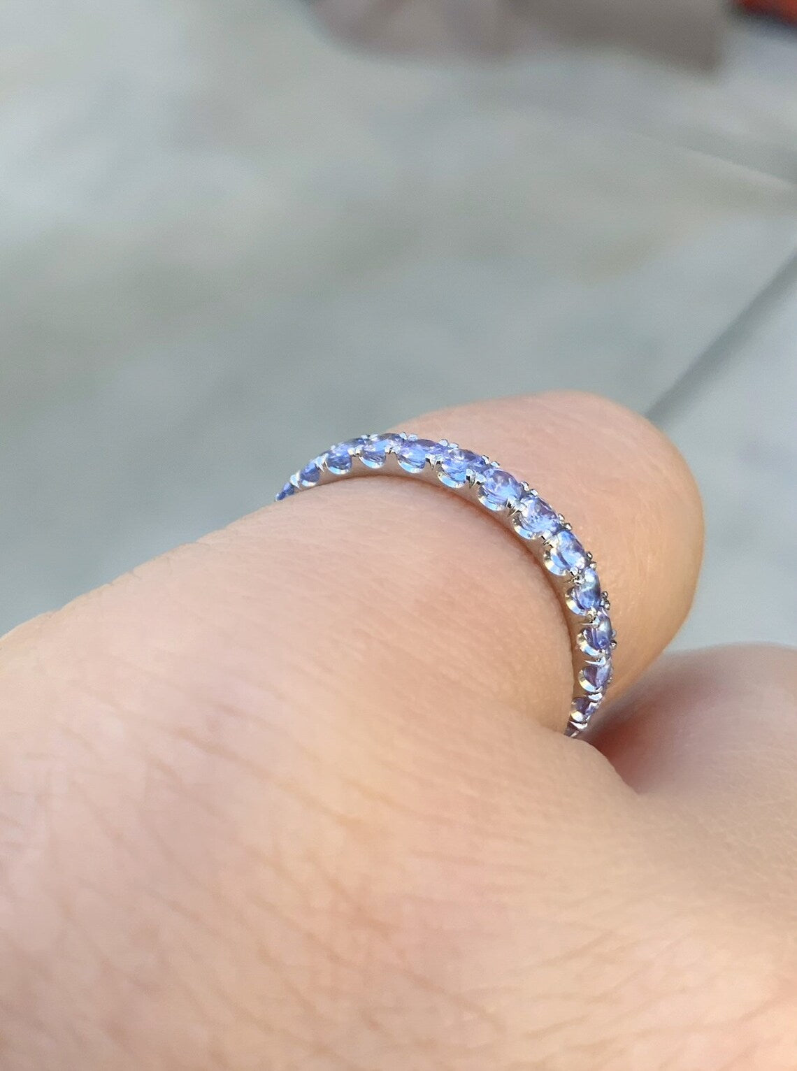 Tanzanite Eternity Stacking Ring: 2.3mm Pave Wedding Anniversary Band, December Birthstone Ring