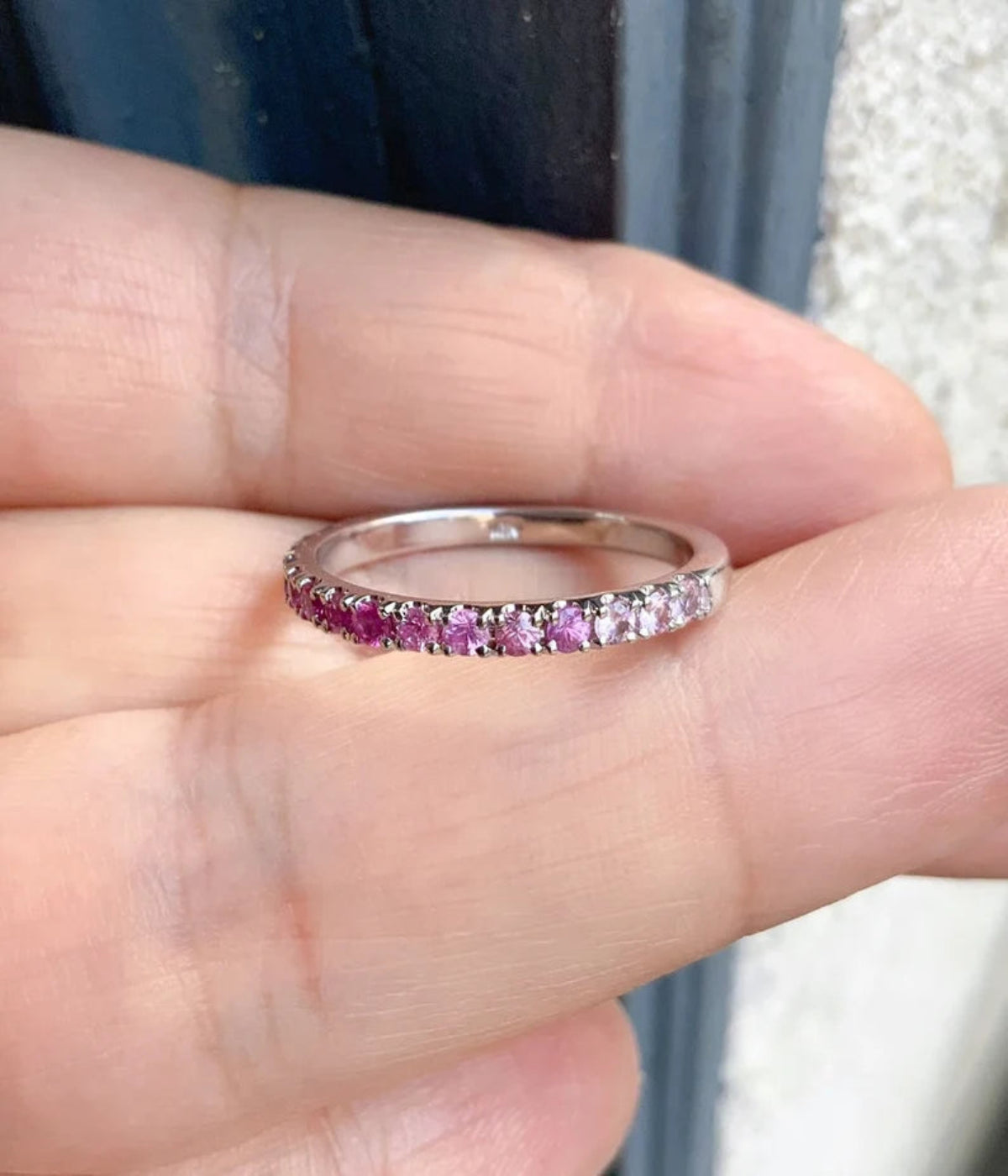 Purple Pink Ombre Ring/ Gradient Pink Sapphire Amethyst Pave Stacking Ring/ 2.3mm Half Eternity Unique Wedding Band/ 10K 14K 18K or Platinum