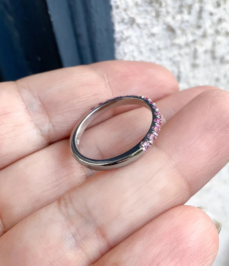Purple Pink Ombre Ring/ Gradient Pink Sapphire Amethyst Pave Stacking Ring/ 2.3mm Half Eternity Unique Wedding Band/ 10K 14K 18K or Platinum