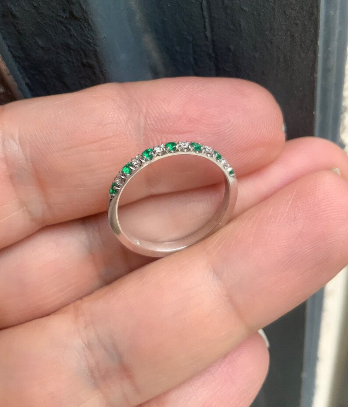 Emerald Diamond 13 Stone Stacking Ring/ 2mm Pave Alternating Diamond Emerald Band/ 13th Anniversary Ring/ Gold or Platinum Birthstone Band