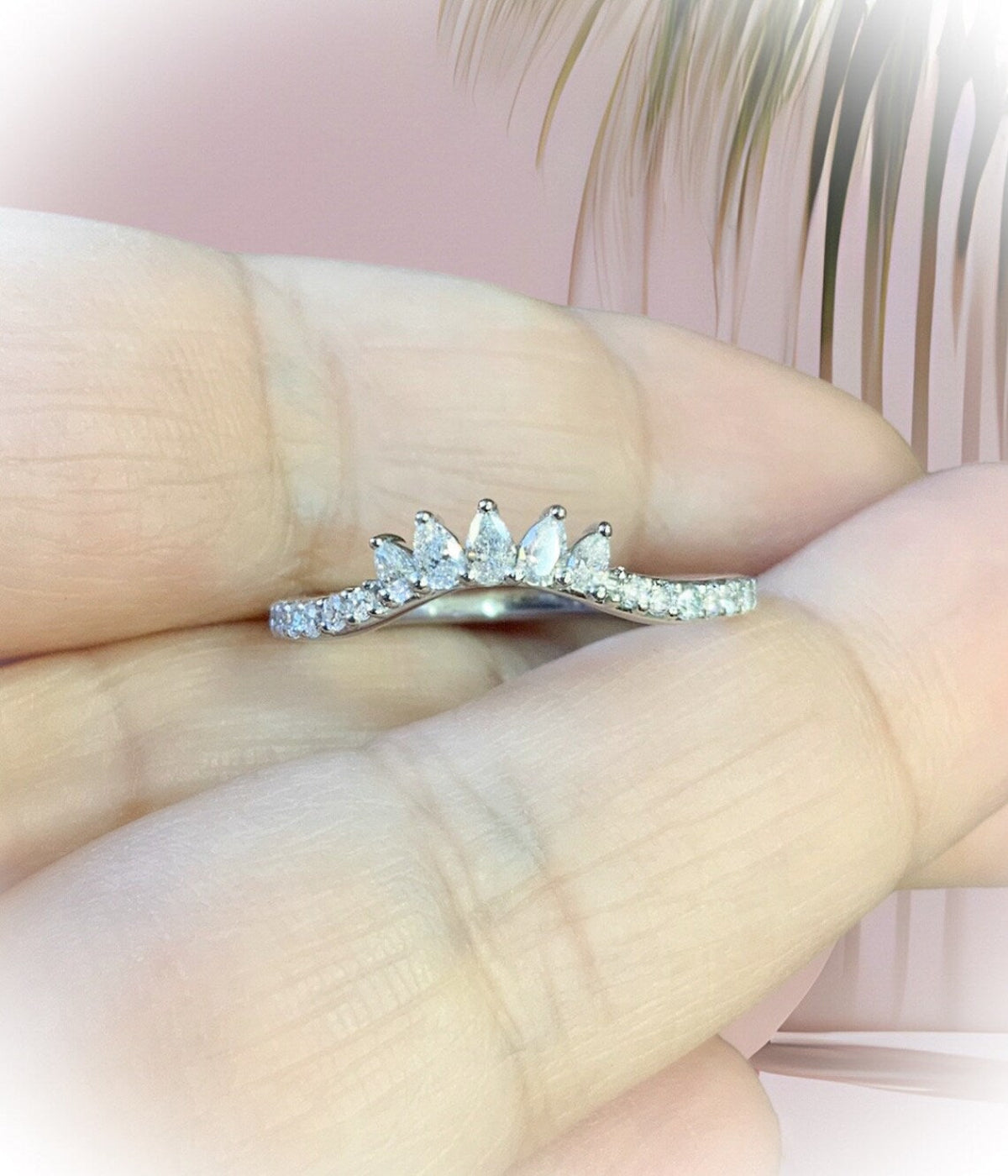 Curved Wedding Band/ Pear Shape Lab Grown Diamond Crown Tracer Layering Stack Ring/ Nesting Enhancer Matching Band/ Contour Shadow Wrap Band