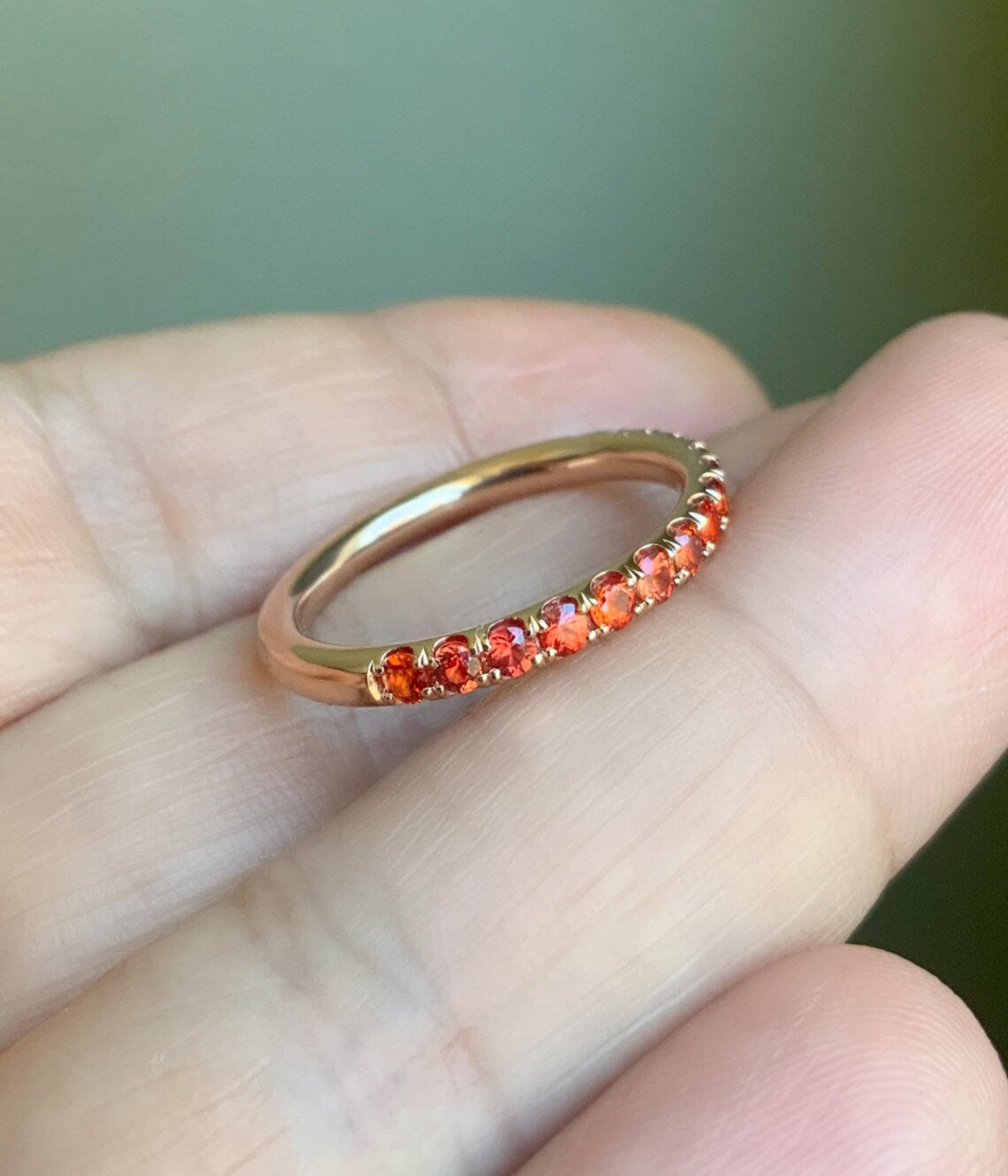 Orange Sapphire Band/ 2.3mm Orange Sapphire Pave Half Eternity Ring/ September Birthstone Hot Orange Sapphire Stacking/ Solid Gold, Platinum