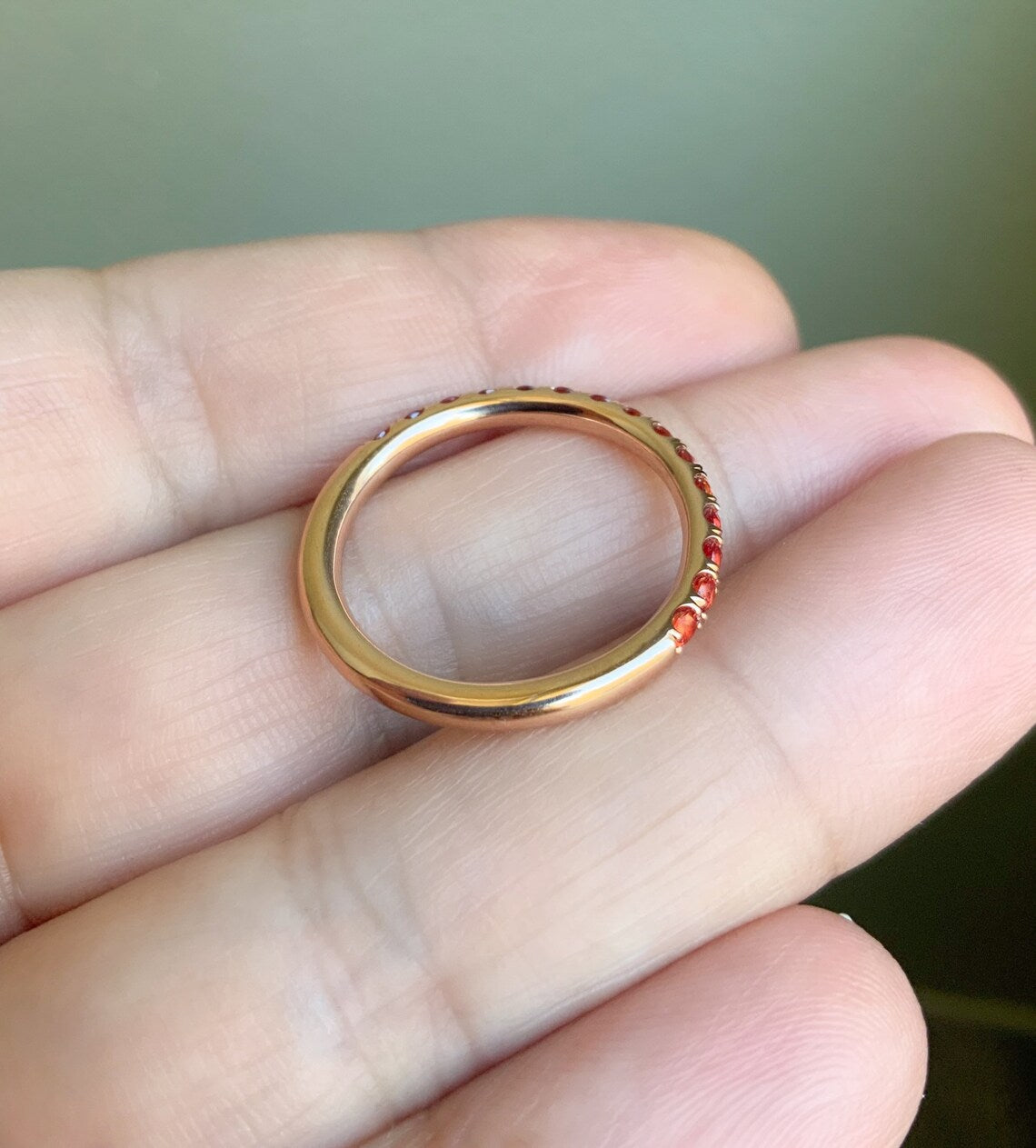 Orange Sapphire Band/ 2.3mm Orange Sapphire Pave Half Eternity Ring/ September Birthstone Hot Orange Sapphire Stacking/ Solid Gold, Platinum