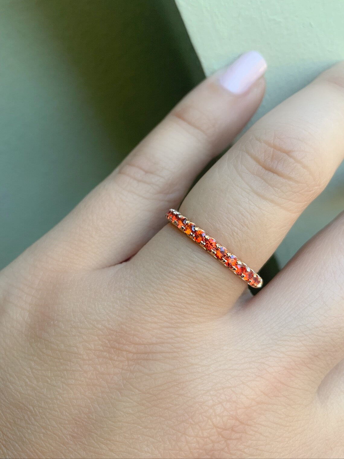 Orange Sapphire Band/ 2.3mm Orange Sapphire Pave Half Eternity Ring/ September Birthstone Hot Orange Sapphire Stacking/ Solid Gold, Platinum