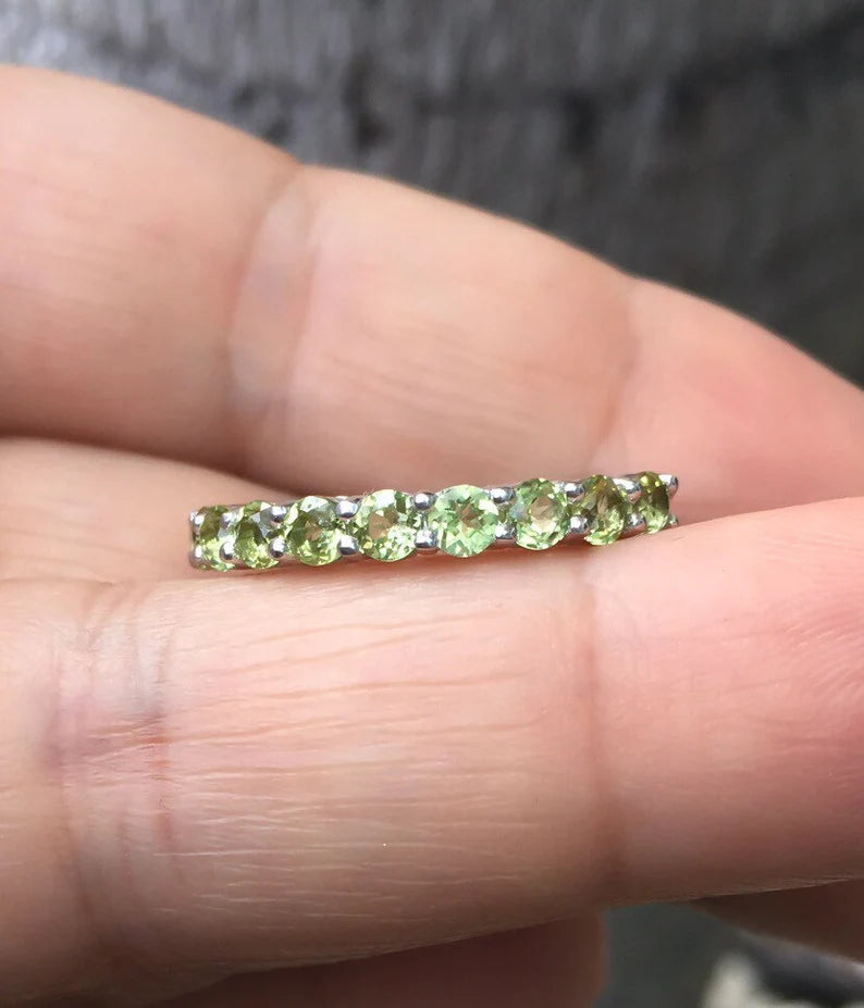 Peridot Ring Prong Set 9-Stone Peridot Wedding Anniversary Band Minimalist Peridot Stacking Ring August Birthstone Peridot Gaurd Ring Band