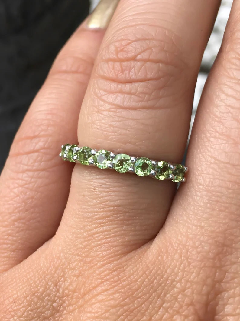 Peridot Ring Prong Set 9-Stone Peridot Wedding Anniversary Band Minimalist Peridot Stacking Ring August Birthstone Peridot Gaurd Ring Band