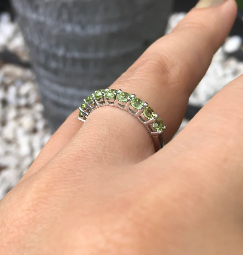 Peridot Ring Prong Set 9-Stone Peridot Wedding Anniversary Band Minimalist Peridot Stacking Ring August Birthstone Peridot Gaurd Ring Band