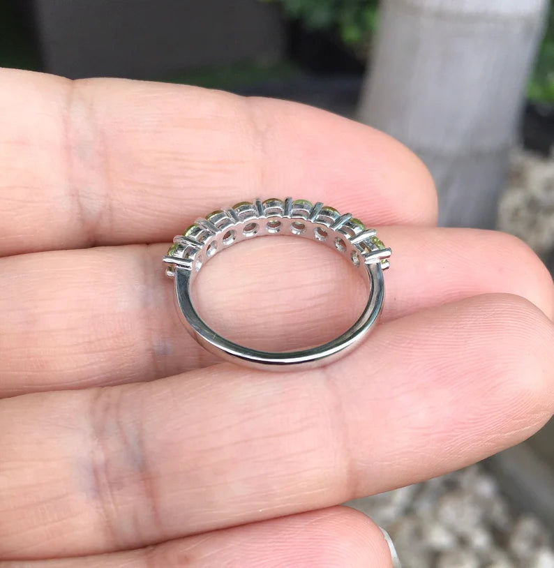 Peridot Ring Prong Set 9-Stone Peridot Wedding Anniversary Band Minimalist Peridot Stacking Ring August Birthstone Peridot Gaurd Ring Band