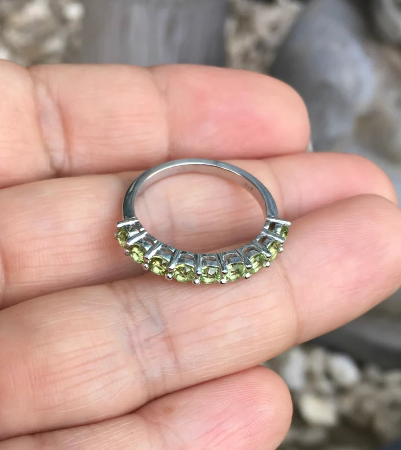 Peridot Ring Prong Set 9-Stone Peridot Wedding Anniversary Band Minimalist Peridot Stacking Ring August Birthstone Peridot Gaurd Ring Band