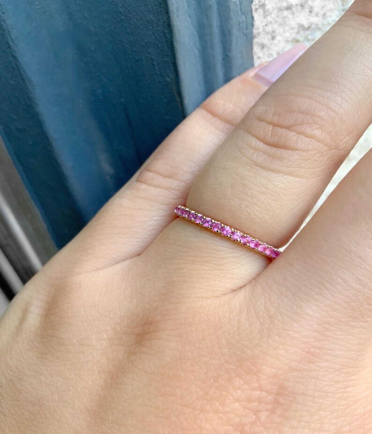 Pink Sapphire Half Eternity Ring/ 2mm Pave Pink Sapphire Wedding Band/ September Birthstone Stacking Ring/ Push Present Ring/ Gold, Platinum