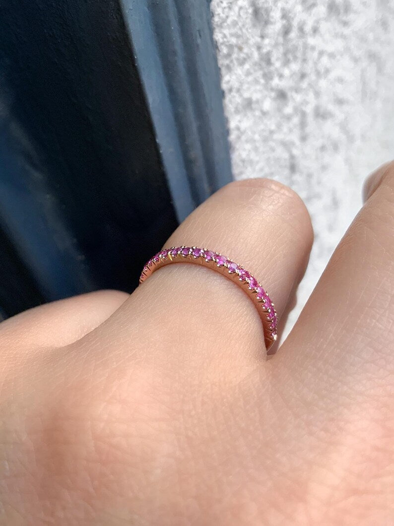 Pink Sapphire Half Eternity Ring/ 2mm Pave Pink Sapphire Wedding Band/ September Birthstone Stacking Ring/ Push Present Ring/ Gold, Platinum