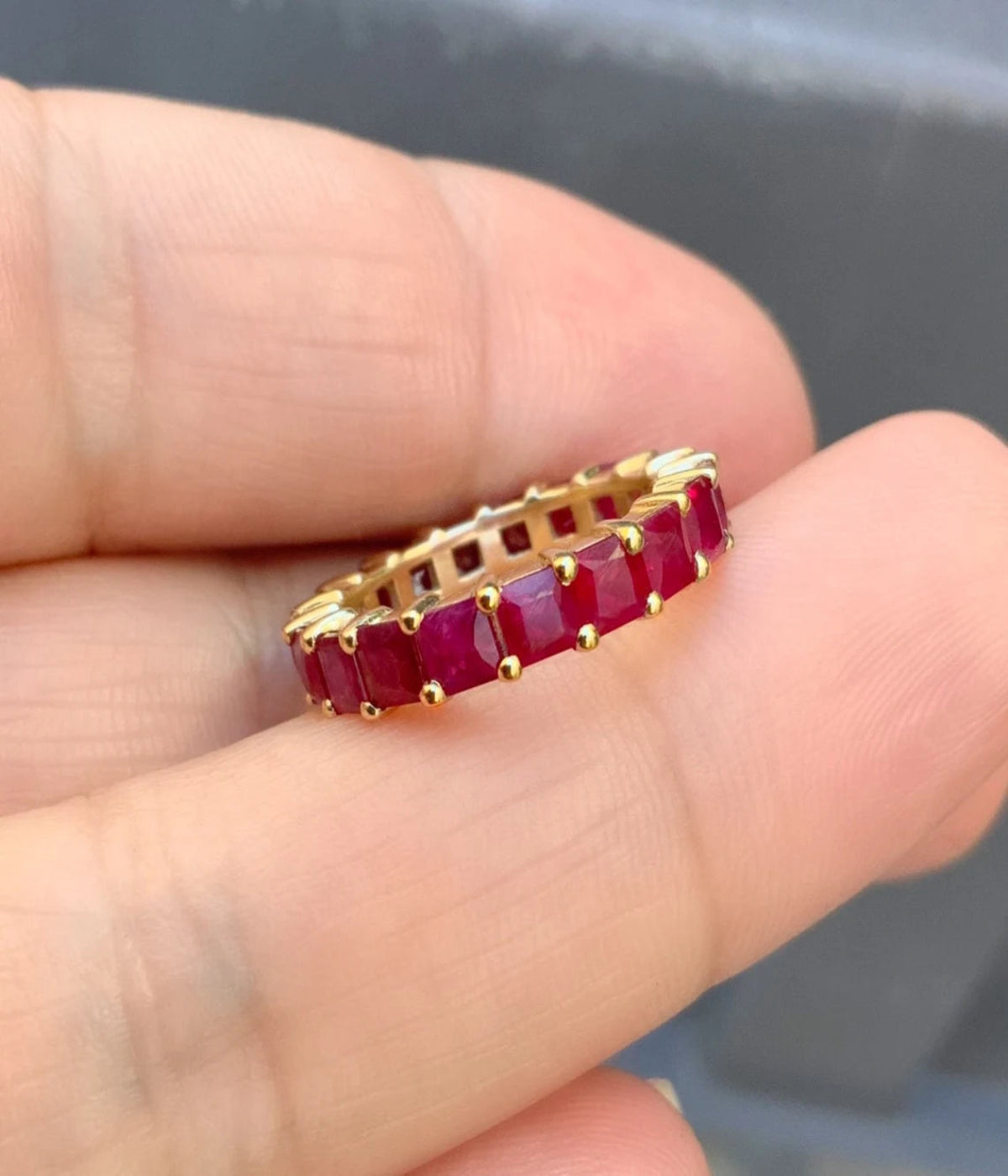 Princess Cut Ruby Band/ 3mm Natural Ruby Eternity Ring/ Shared Prong Ruby Wedding, 40th Anniversary Infinity Ring/ July Birthstone Jewelry