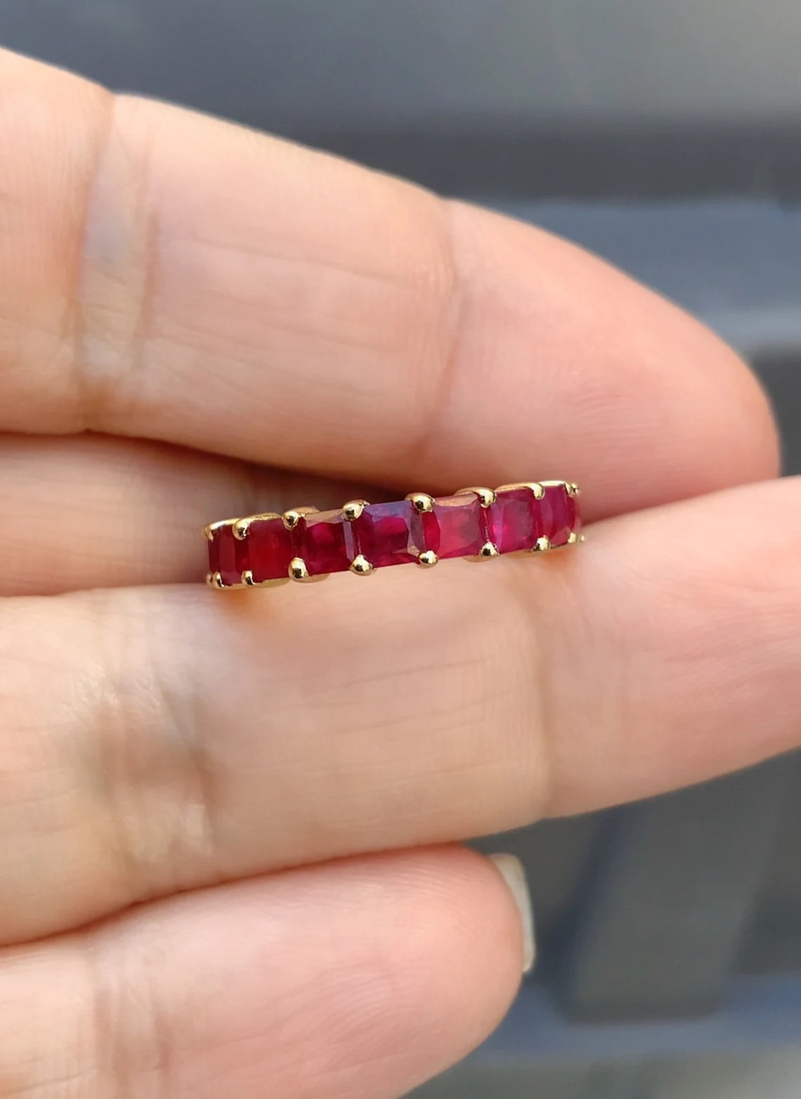 Princess Cut Ruby Band/ 3mm Natural Ruby Eternity Ring/ Shared Prong Ruby Wedding, 40th Anniversary Infinity Ring/ July Birthstone Jewelry