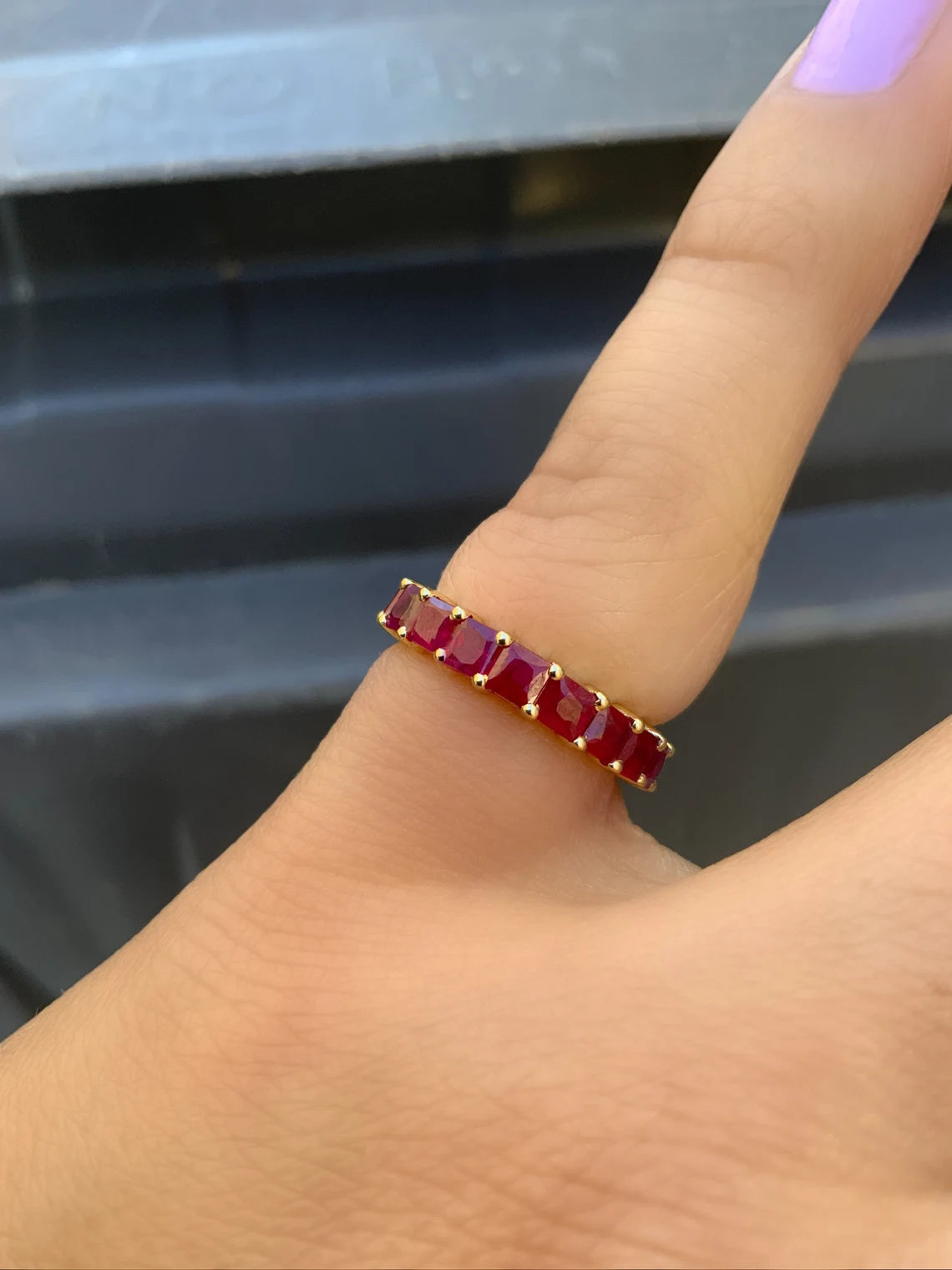 Princess Cut Ruby Band/ 3mm Natural Ruby Eternity Ring/ Shared Prong Ruby Wedding, 40th Anniversary Infinity Ring/ July Birthstone Jewelry