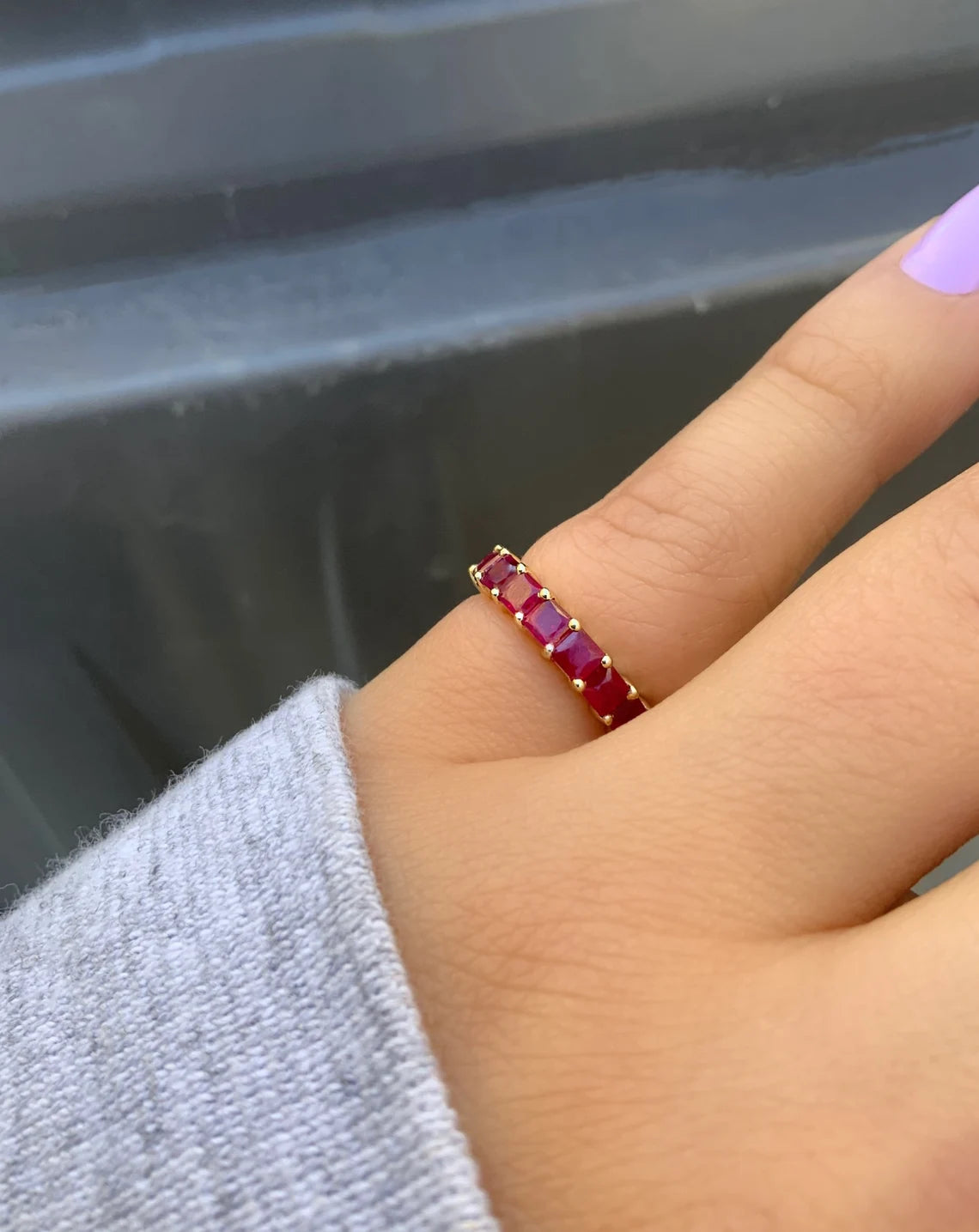 Princess Cut Ruby Band/ 3mm Natural Ruby Eternity Ring/ Shared Prong Ruby Wedding, 40th Anniversary Infinity Ring/ July Birthstone Jewelry