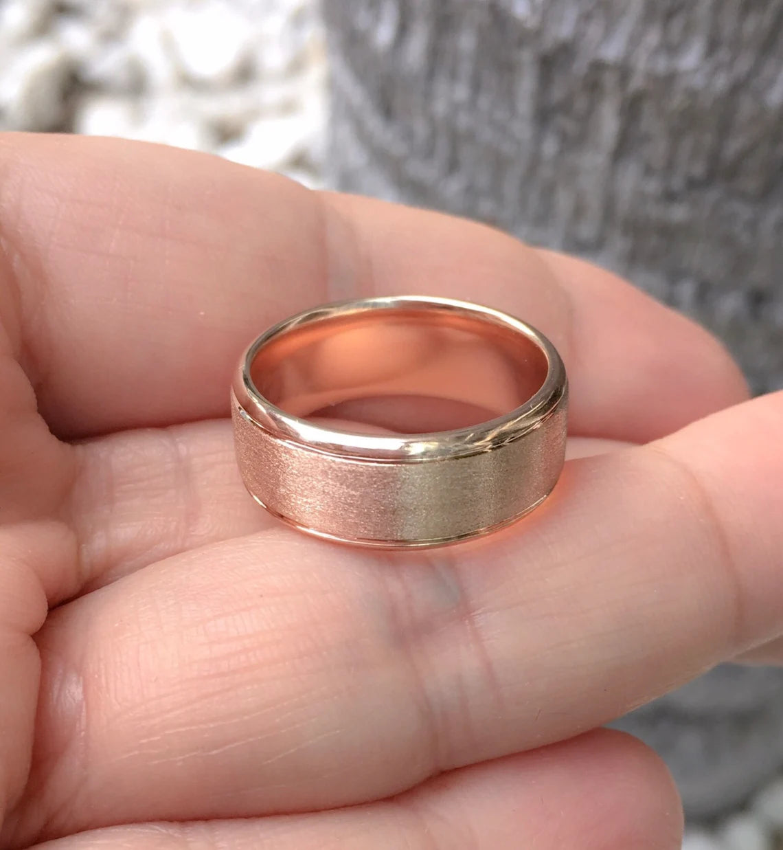 8mm Polished Bevel Edge Matte Wedding Band - 14K, 18K, Platinum Men’s Ring