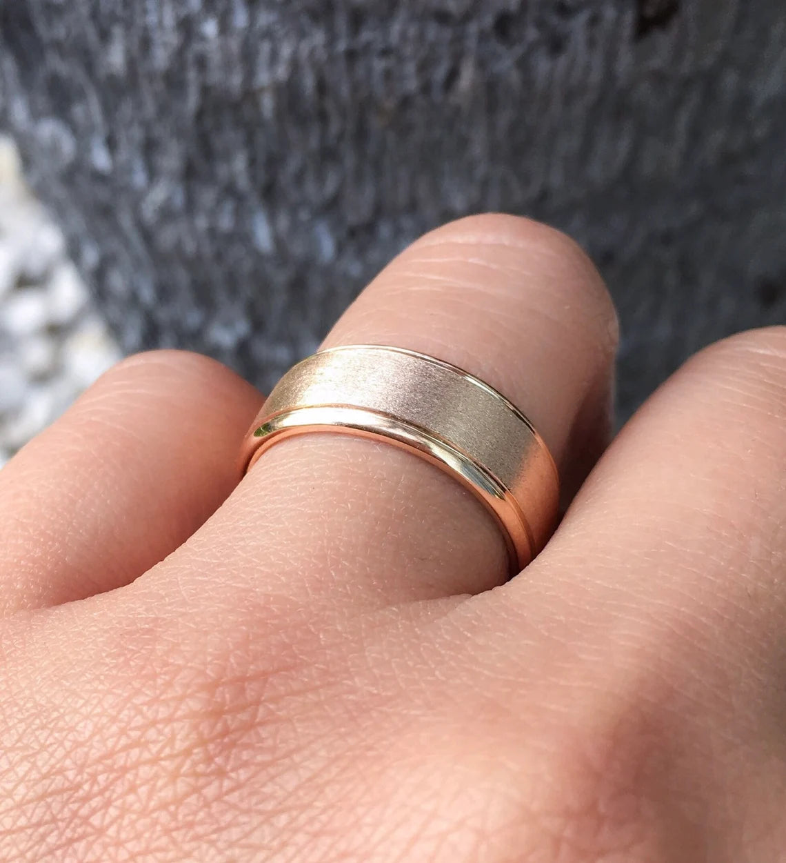 8mm Polished Bevel Edge Matte Wedding Band - 14K, 18K, Platinum Men’s Ring