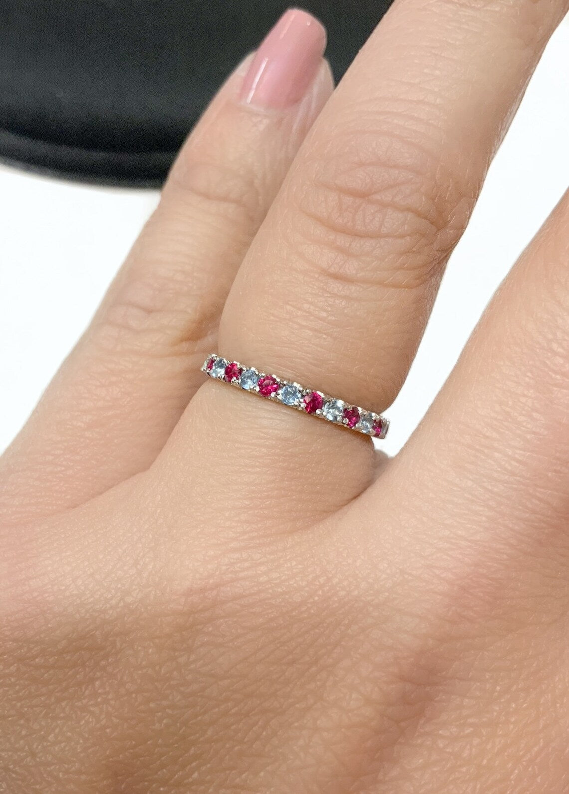Aquamarine & Ruby Eternity Band - 10K, 14K, 18K Gold or Platinum (March & July Birthstones)