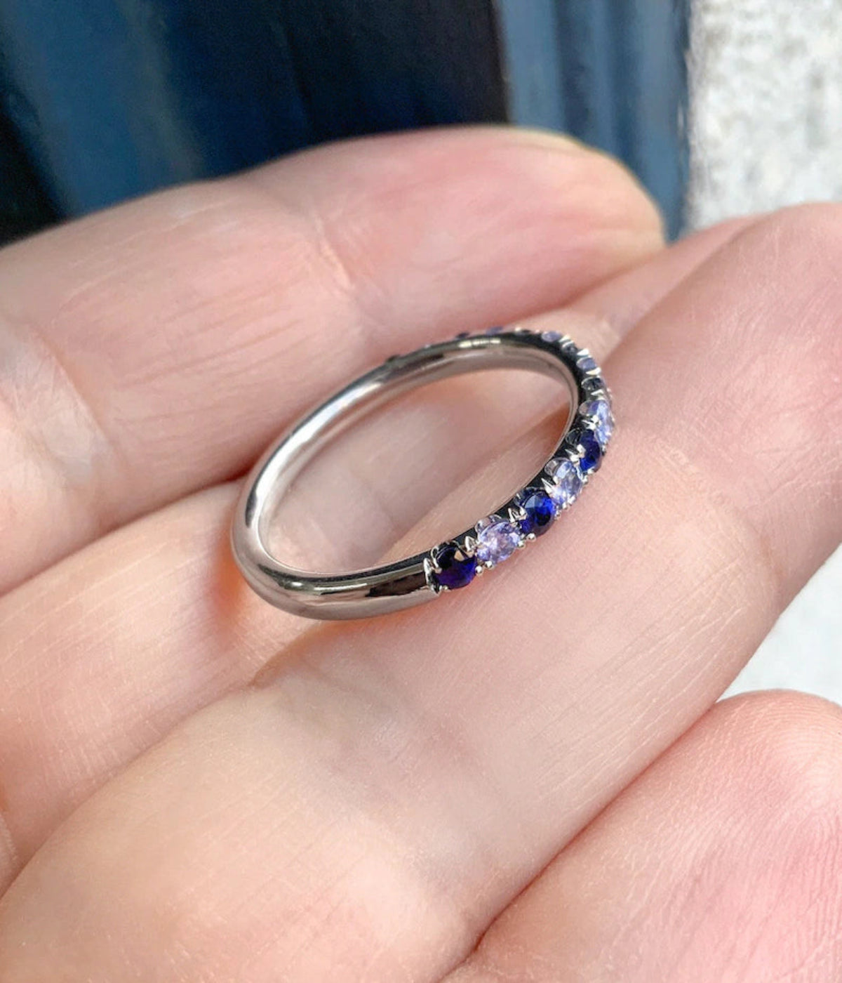 Tanzanite Blue Sapphire Band/ Alternating 2 Birthstone 2.3mm Pave Half Eternity Ring/ Sapphire Tanzanite September December Stacking Ring