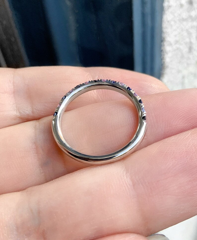 Tanzanite Blue Sapphire Band/ Alternating 2 Birthstone 2.3mm Pave Half Eternity Ring/ Sapphire Tanzanite September December Stacking Ring