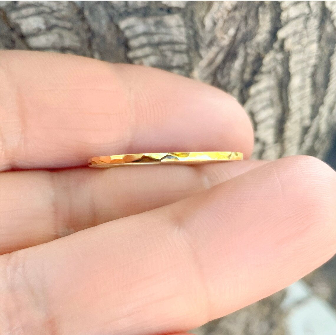 Thin Plain Band SOLID Gold 14K or 18K/ Handmade Faceted Stack Ring/ 1.5mm Hammered Knuckle, Pinky or Thumb Ring/ Shiny Thin Semanario Rings