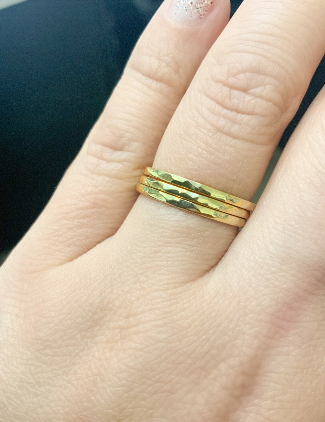 Thin Plain Band SOLID Gold 14K or 18K/ Handmade Faceted Stack Ring/ 1.5mm Hammered Knuckle, Pinky or Thumb Ring/ Shiny Thin Semanario Rings