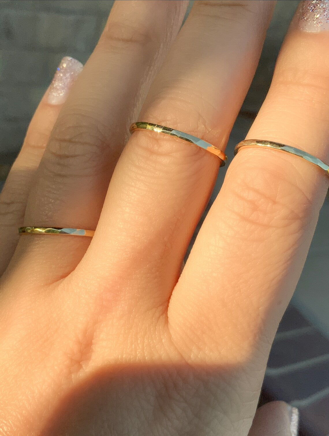 Thin Plain Band SOLID Gold 14K or 18K/ Handmade Faceted Stack Ring/ 1.5mm Hammered Knuckle, Pinky or Thumb Ring/ Shiny Thin Semanario Rings