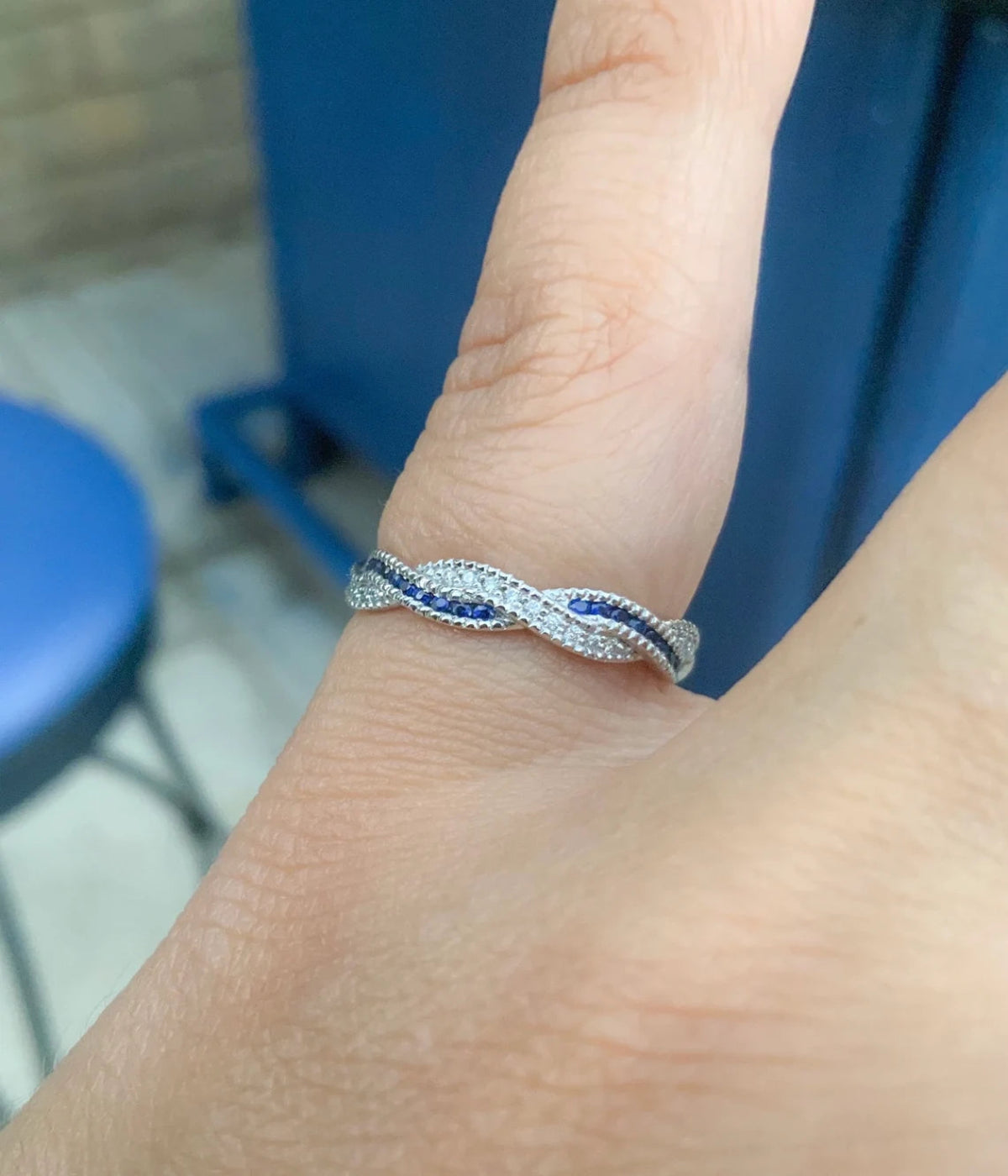 Twisted Diamond Blue Sapphire Ring/ 3.6mm Milgrain Pave Full Eternity Band/ Diamond Blue Sapphire Intertwined Wedding Ring/ 14K 18K Platinum