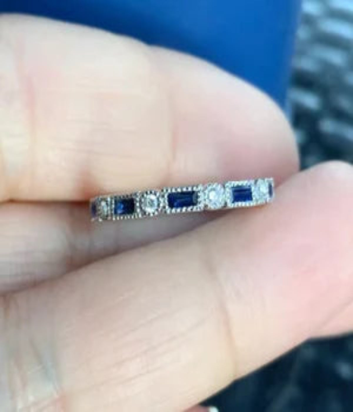 Diamond Sapphire Baguette Dot Milgrain Ring/ Alternating Wedding Eternity Band with Round Diamond & Baguette Blue Sapphire/ 2.5mm Stack Ring